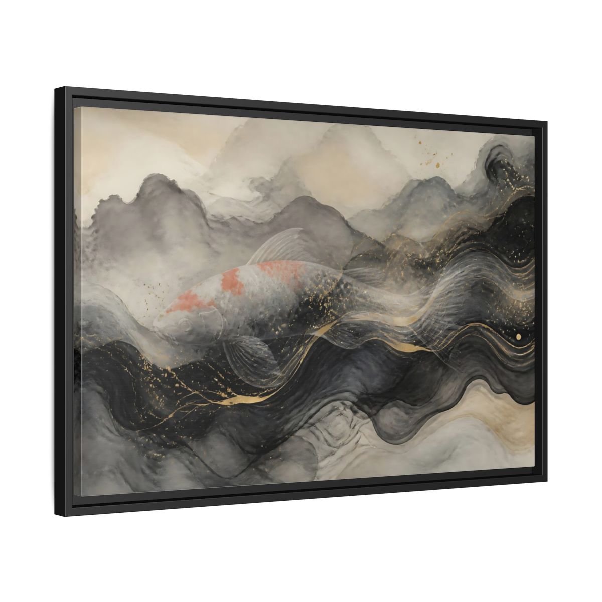 Animals Koi Fish Black Gold Framed Canvas Print – Asian art Living Room, Above Console Table - YesArtYes