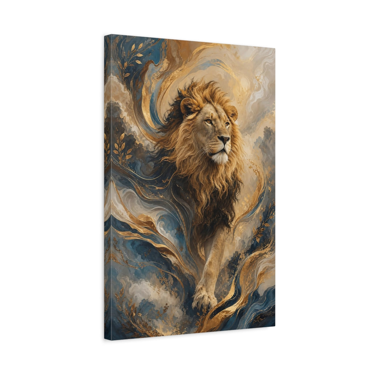 Side Mockup 3. Animals Lion Lion Gold Blue shown as stretched canvas wall art