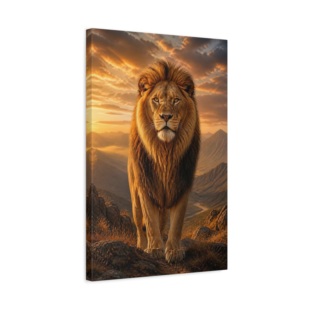 Side Mockup 3. Animals Lion Golden Orange Lion shown as stretched canvas wall art