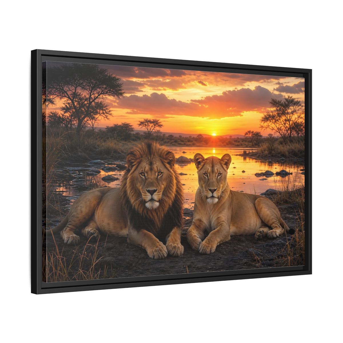 Side Mockup 14. Animals Lions Lions Sunset shown as stretched canvas wall art