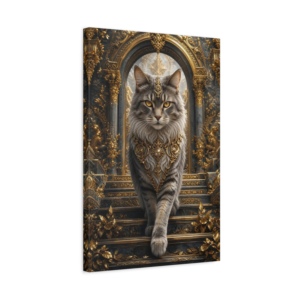 Side Mockup 3. Animals Majestic Cat Gray And Gold shown as stretched canvas wall art