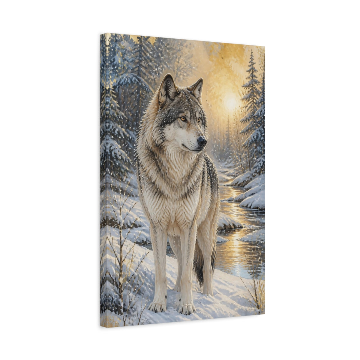 Side Mockup 3. Animals Majestic Winter Wolf shown as canvas print