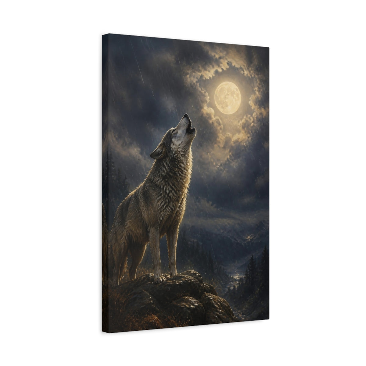 Side Mockup 3. Animals Moonlit Howling Wolf shown as canvas print