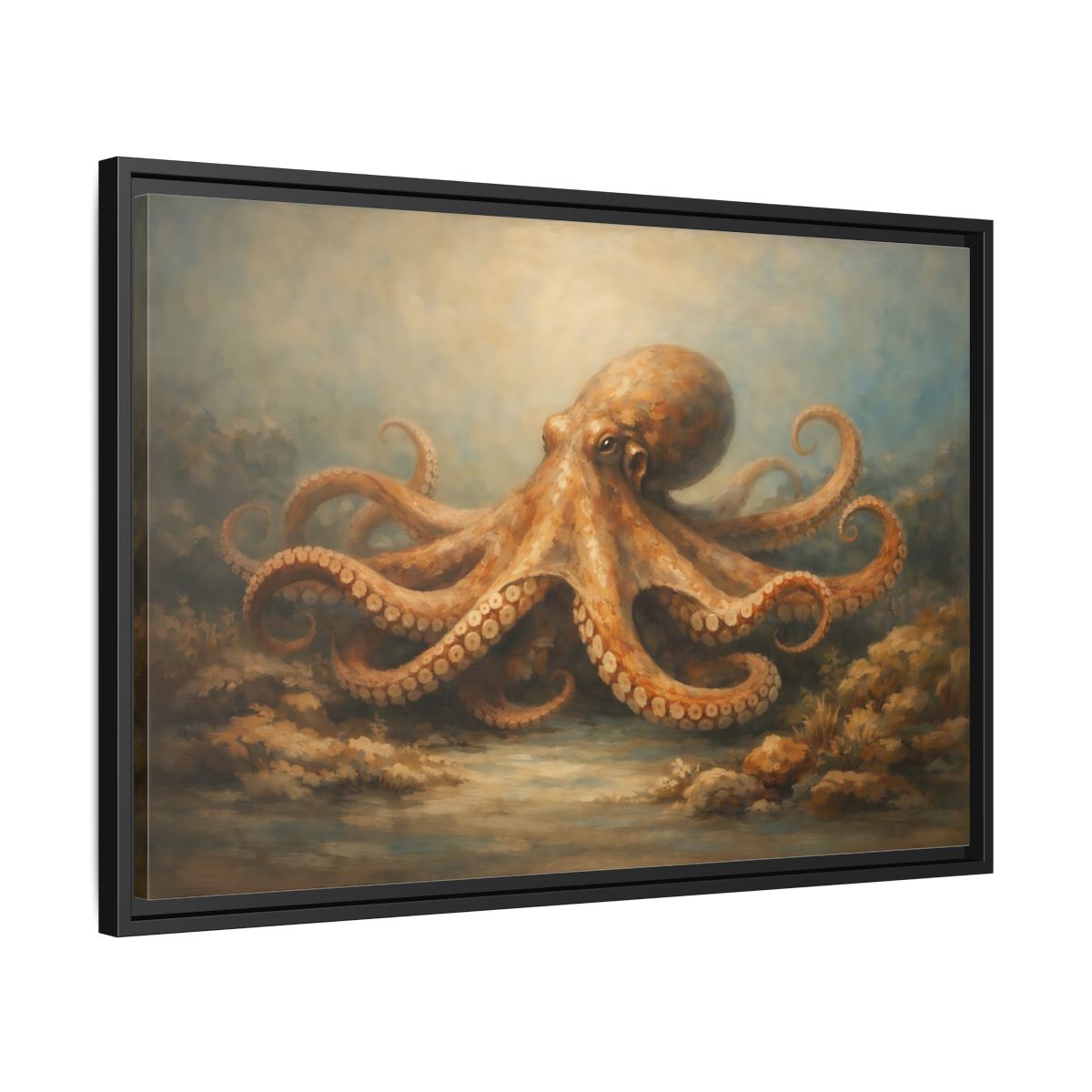 Side Mockup 14. Animals Octopus Orange Blue Ocean shown as stretched canvas wall art