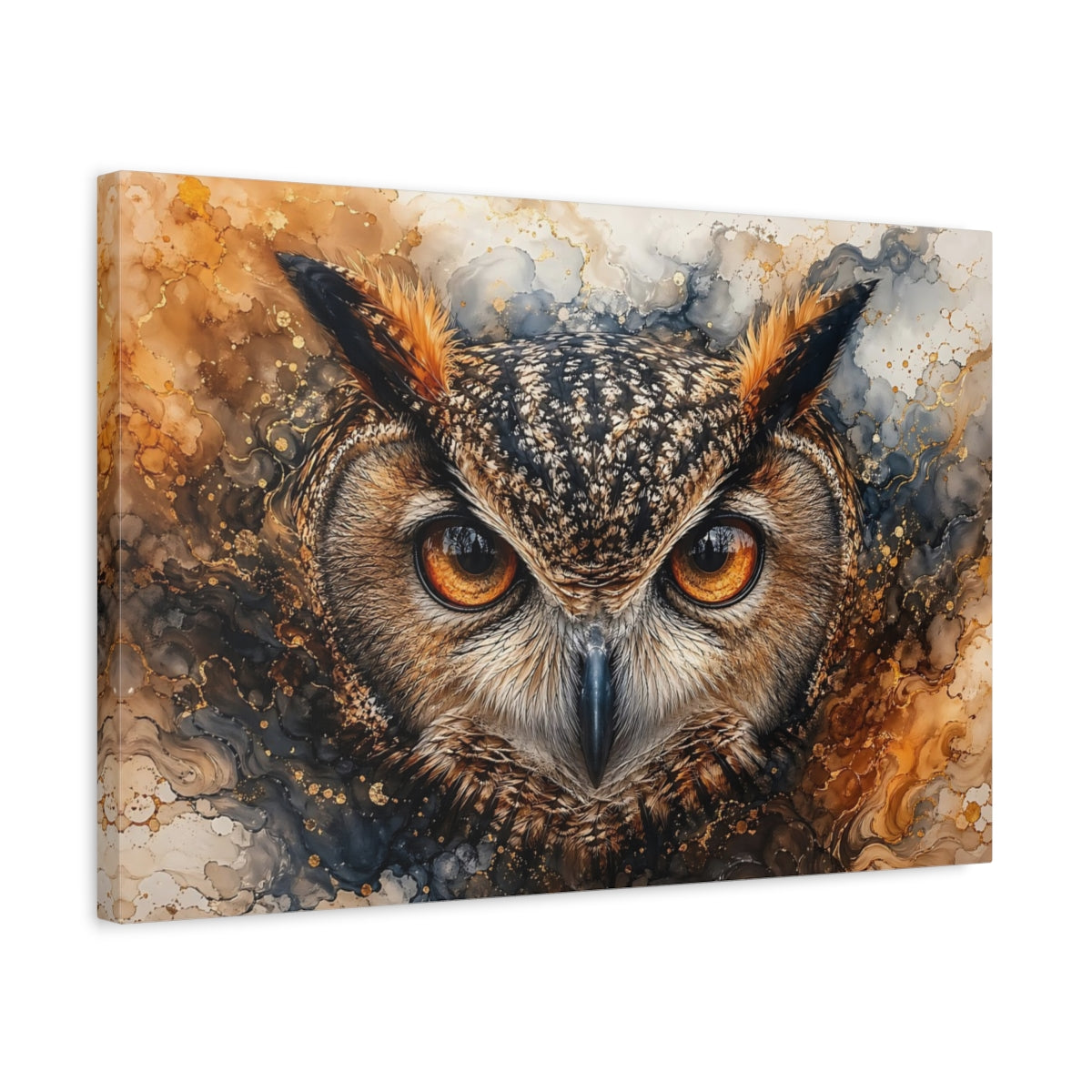 Side Mockup 3. Animals Owl Brown And Gold shown as stretched canvas wall art