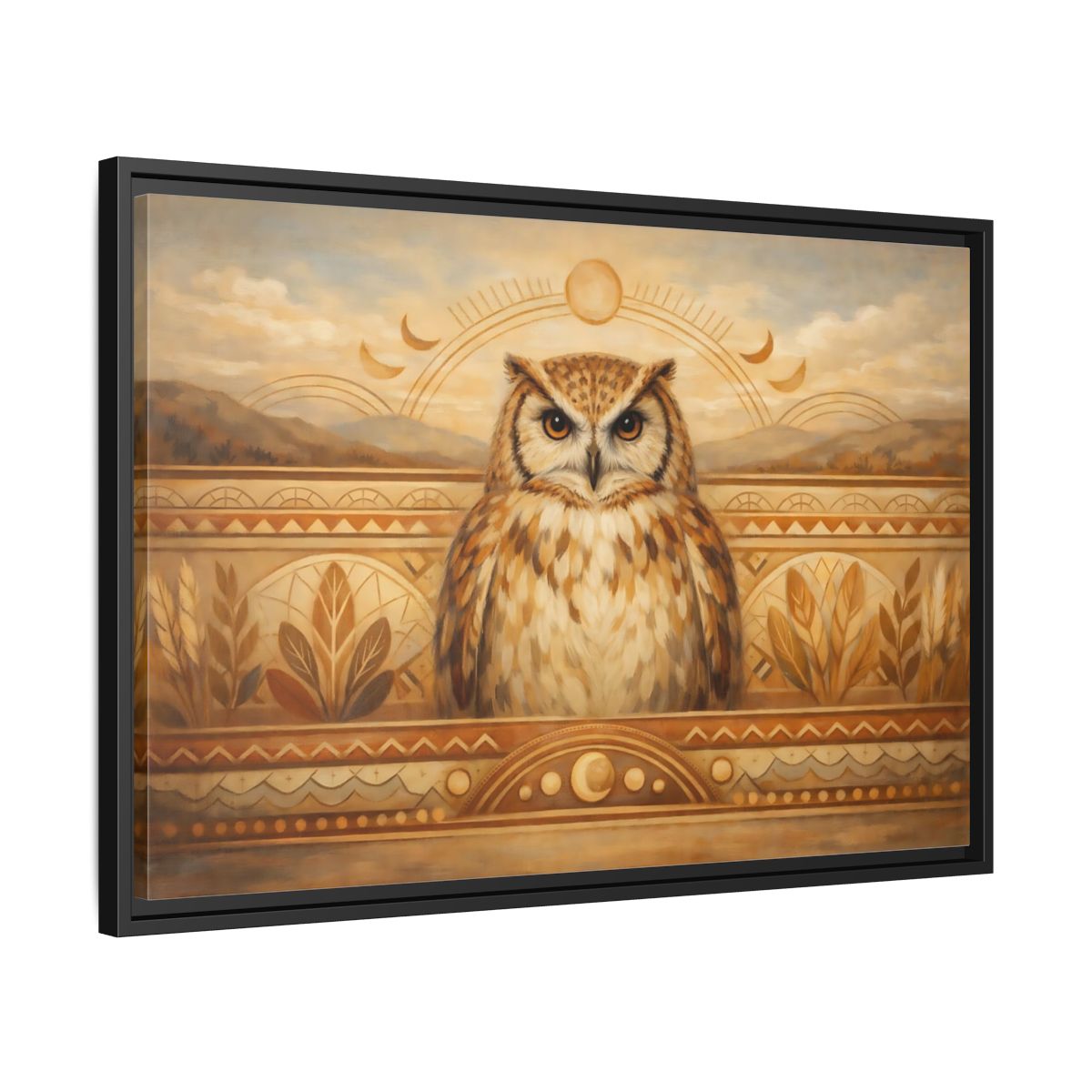 Side Mockup 14. Animals Owl Brown And Gold shown as stretched canvas wall art