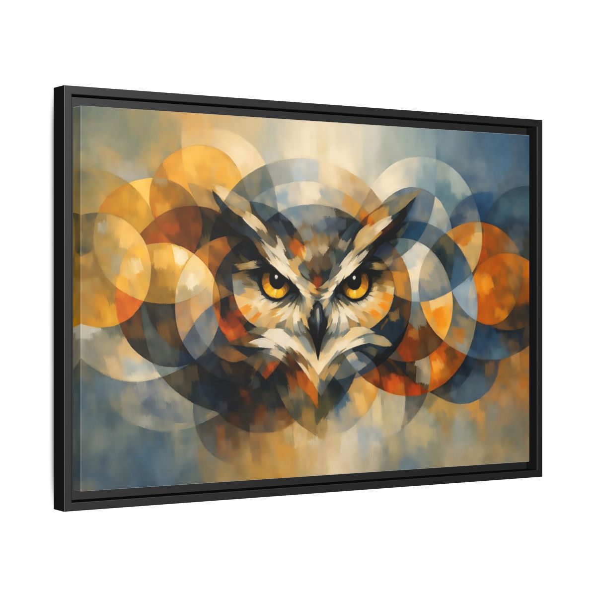 Side Mockup 14. Animals Owl Gold And Blue Owl shown as stretched canvas wall art