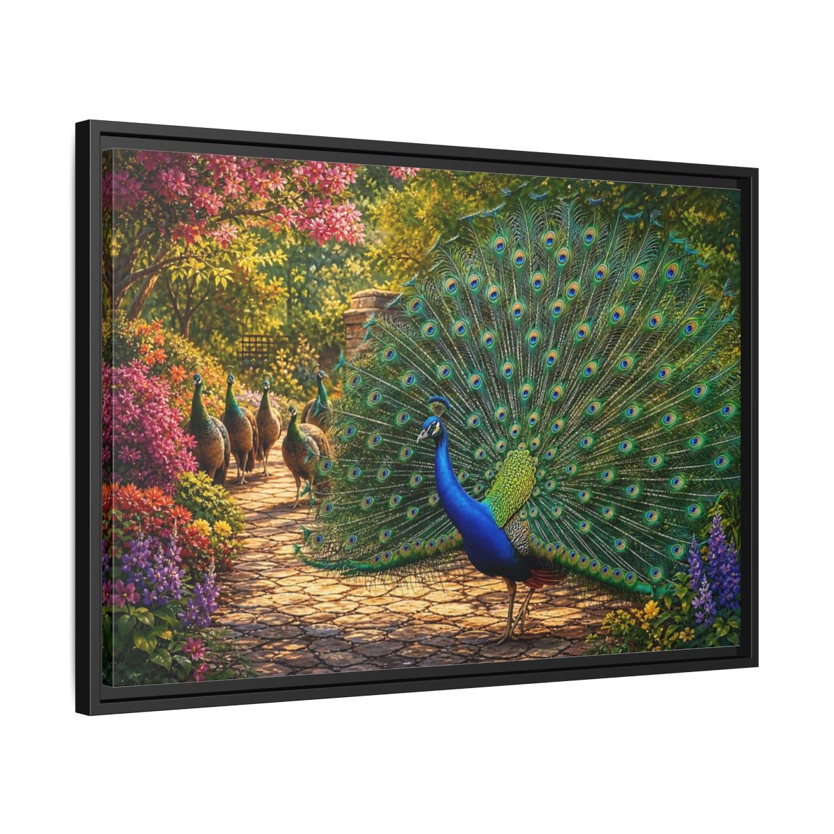 Side Mockup 14. Animals Peacock Colorful Peacock shown as stretched canvas wall art