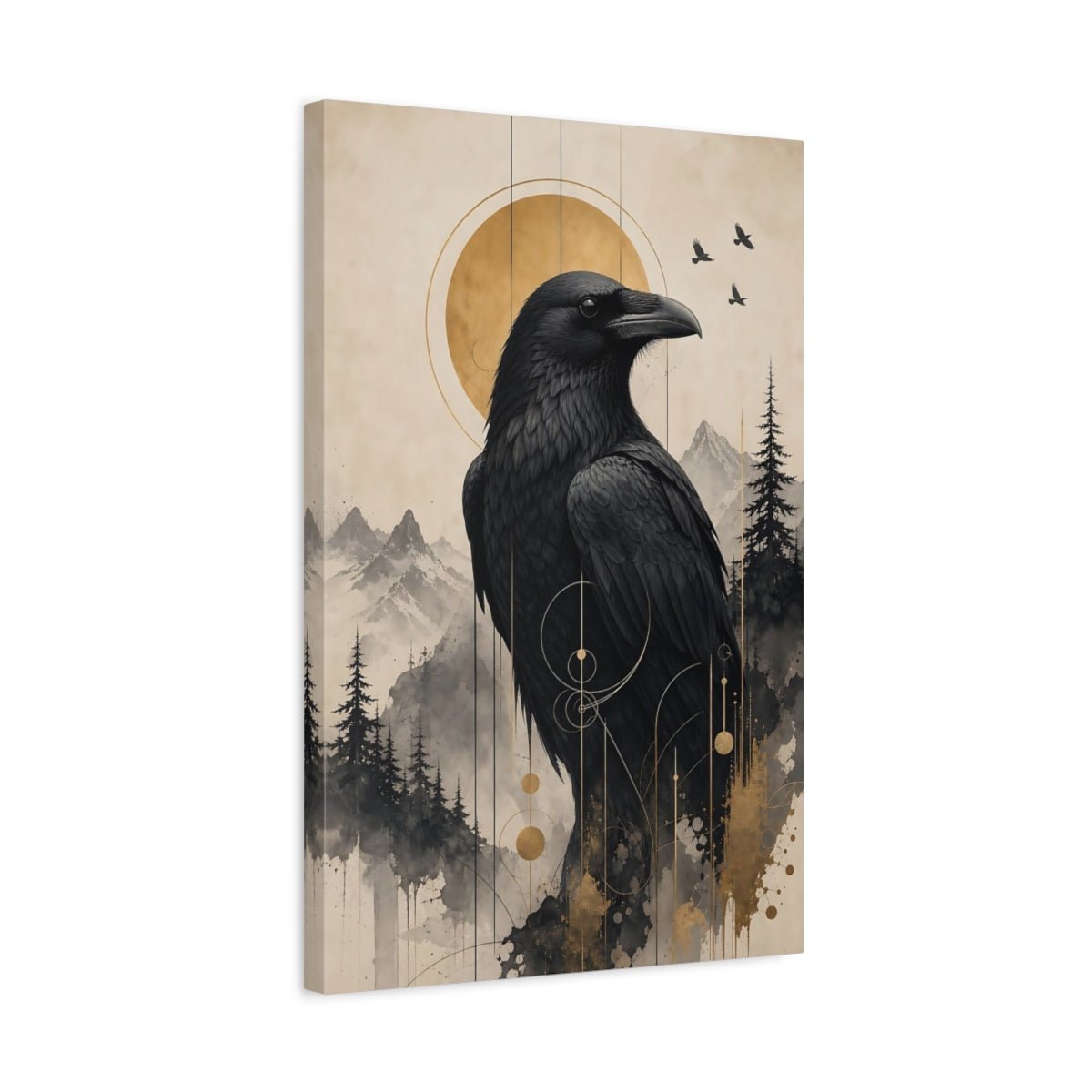 Animals Raven Black And Gold Canvas Wall Art Print – Abstract Living Room, Above Fireplace - YesArtYes