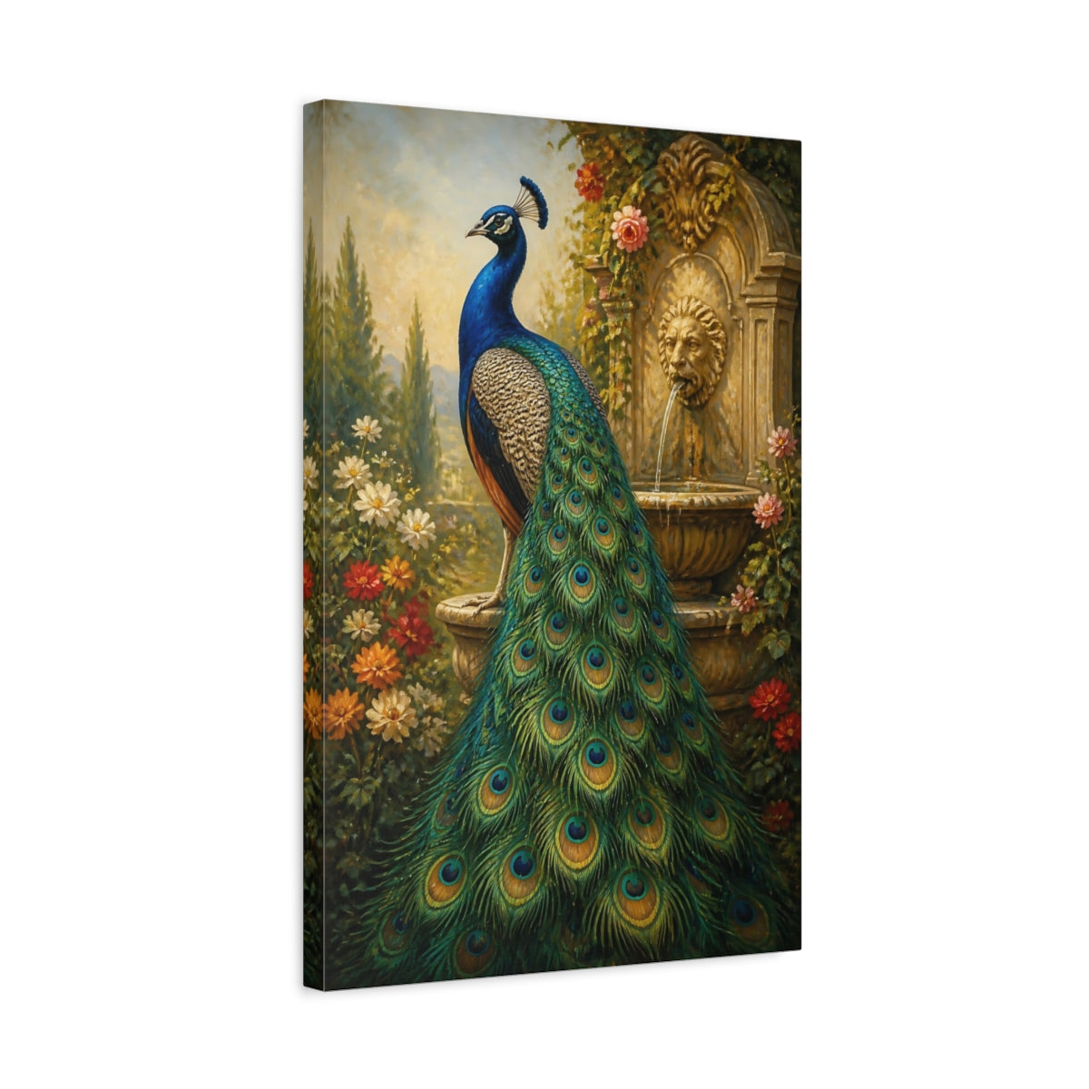 Side Mockup 3. Animals Regal Peacock Garden shown as canvas print