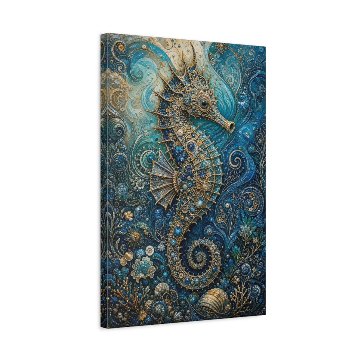 Side Mockup 3. Animals Seahorse Blue And Gold Seahorse shown as stretched canvas wall art