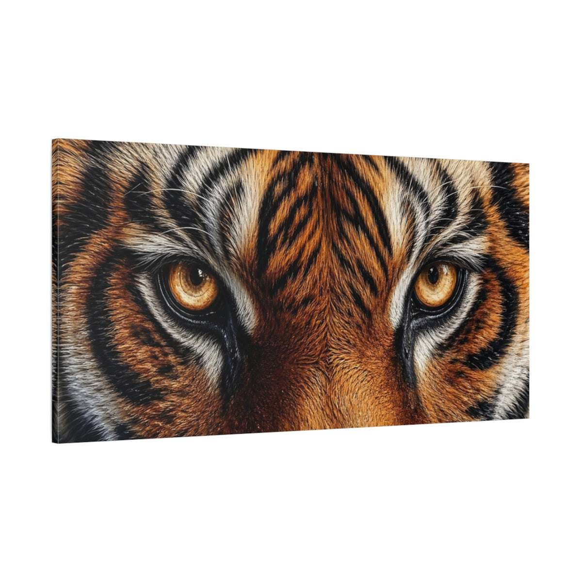 Side Mockup 2. Animals Tiger Eyes Tiger Orange Black shown as stretched canvas wall art