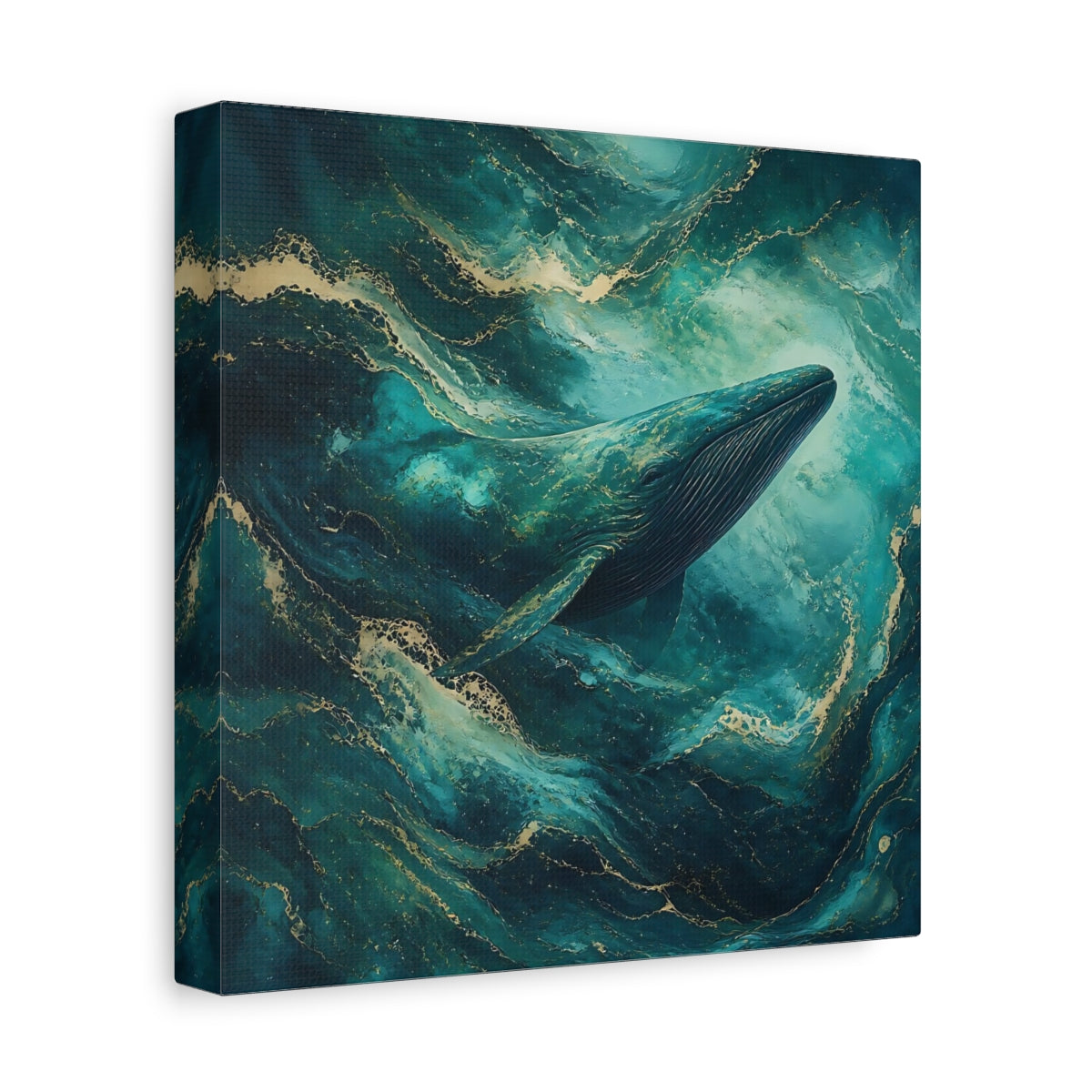 Side Mockup 9. Animals Whale Teal Gold Whale shown as stretched canvas wall art