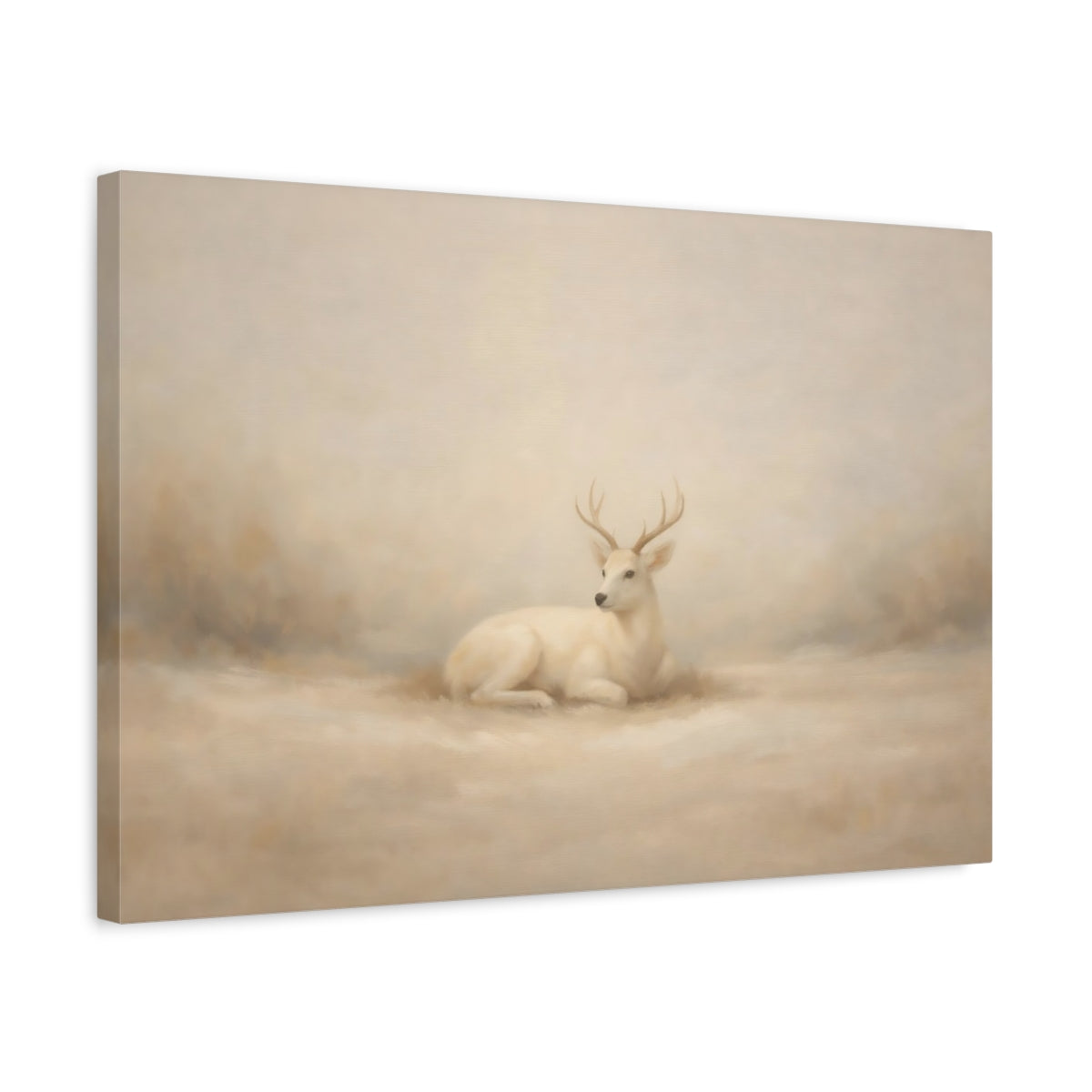 Side Mockup 3. Animals White Deer Beige And White shown as stretched canvas wall art