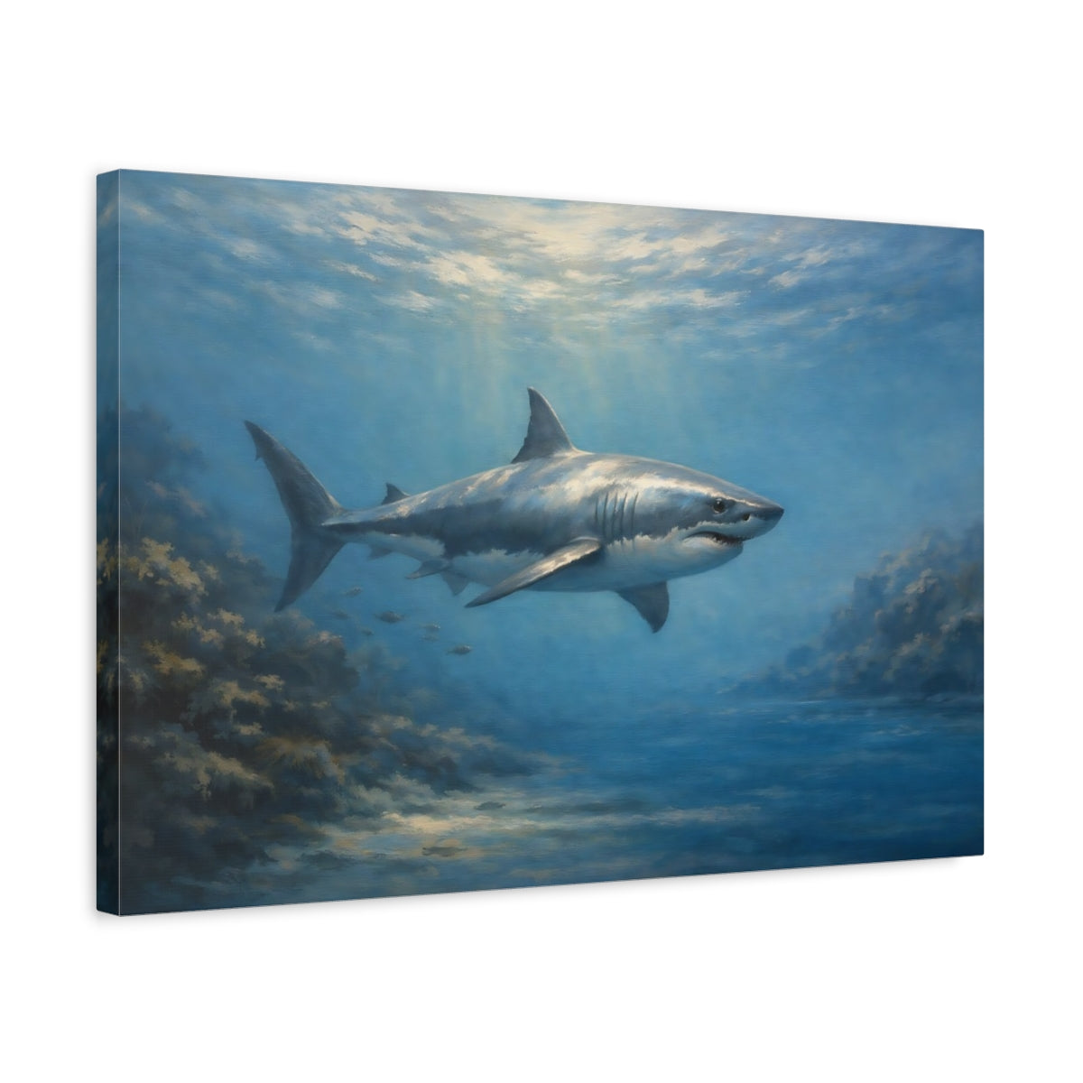 Side Mockup 3. Animals White Shark Underwater Shark shown as stretched canvas wall art