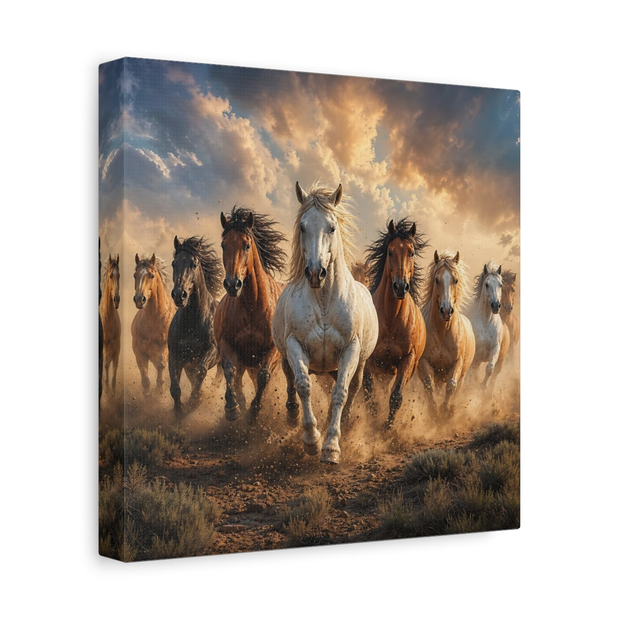 Side Mockup 9. Animals Wild Horses Brown And Gold Horses shown as stretched canvas wall art