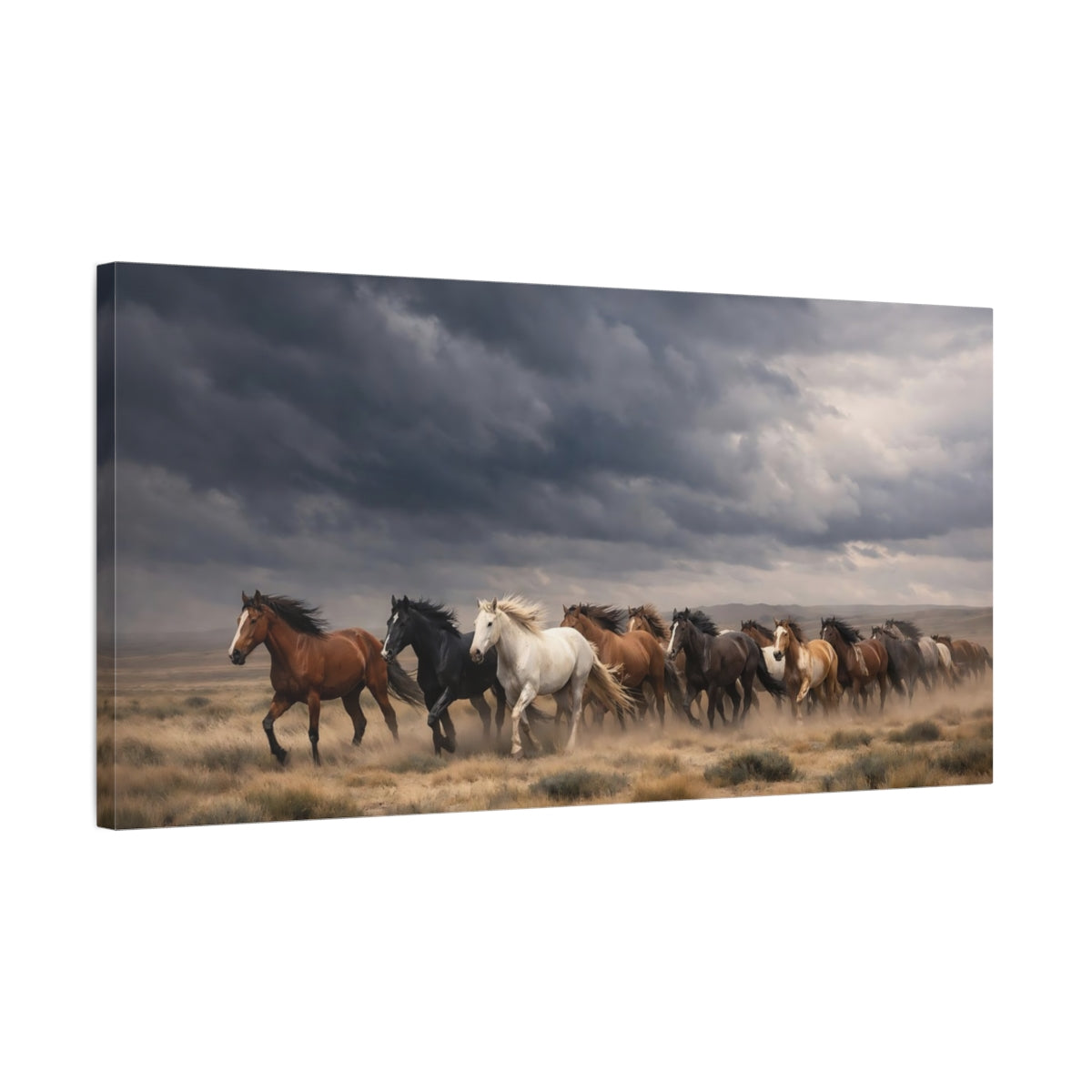 Side Mockup 2. Animals Wild Horses Wild Horses Dark Sky shown as stretched canvas wall art
