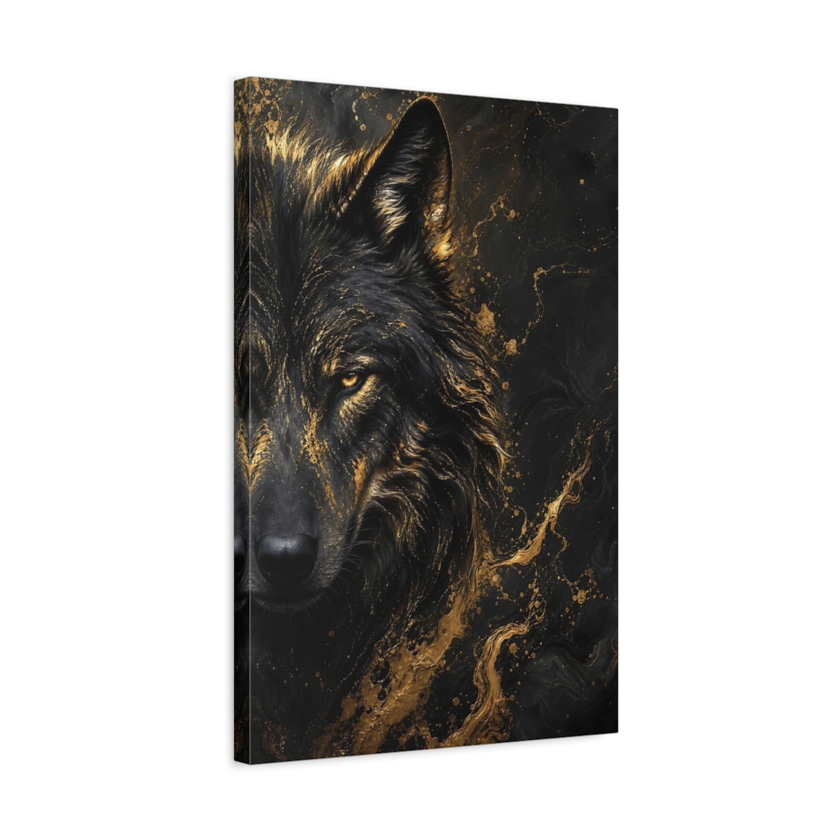 Side Mockup 3. Animals Wolf Black And Gold shown as stretched canvas wall art