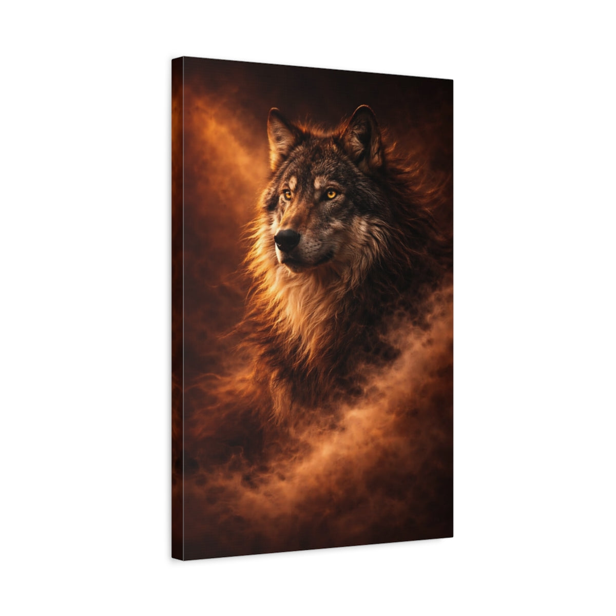 Side Mockup 3. Animals Wolf Brown And Orange shown as stretched canvas wall art