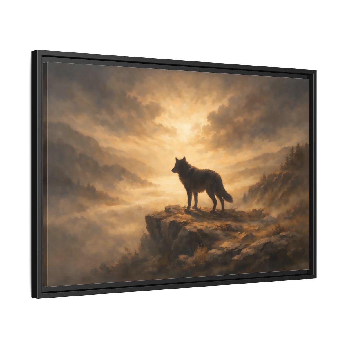 Side Mockup 14. Animals Wolf Brown And Gold shown as stretched canvas wall art