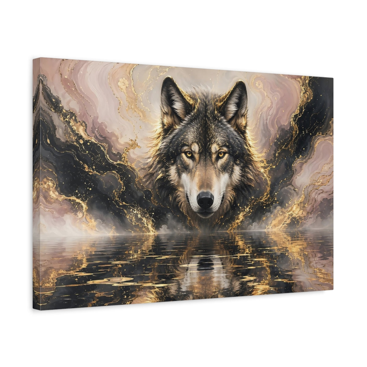 Side Mockup 3. Animals Wolf Gold And Black Wolf shown as stretched canvas wall art