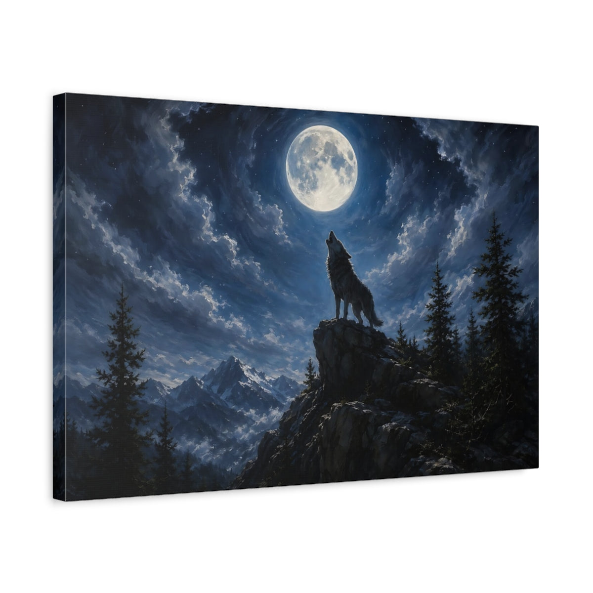 Side Mockup 3. Animals Wolf Moonlit Wolf shown as stretched canvas wall art