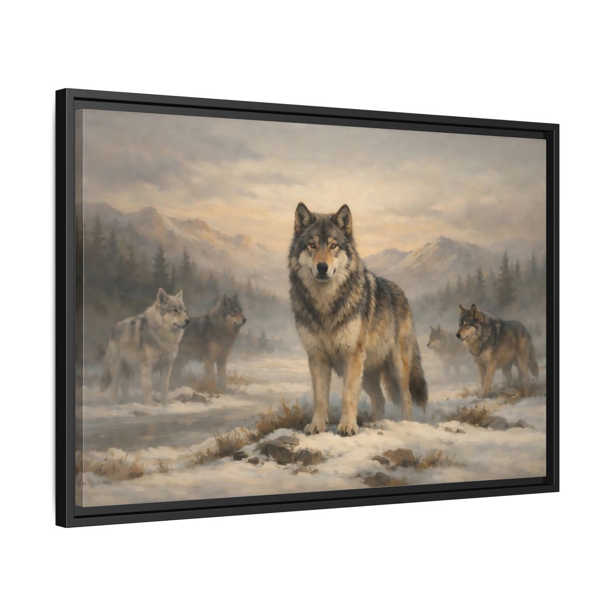 Side Mockup 14. Animals Wolf Pack Winter Wolves shown as stretched canvas wall art