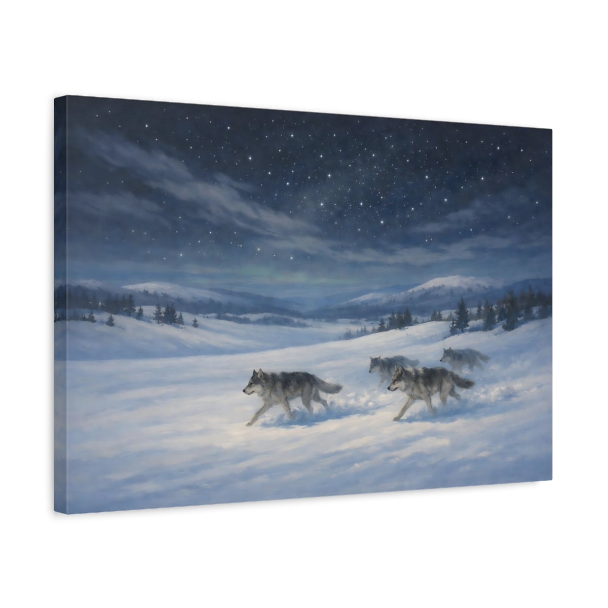 Side Mockup 3. Animals Wolves Blue And White shown as stretched canvas wall art
