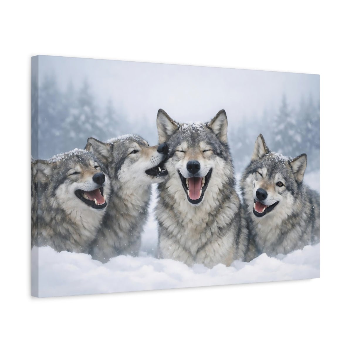 Animals Wolves Happy In Snow - Canvas Wall Art Print - YesArtYes