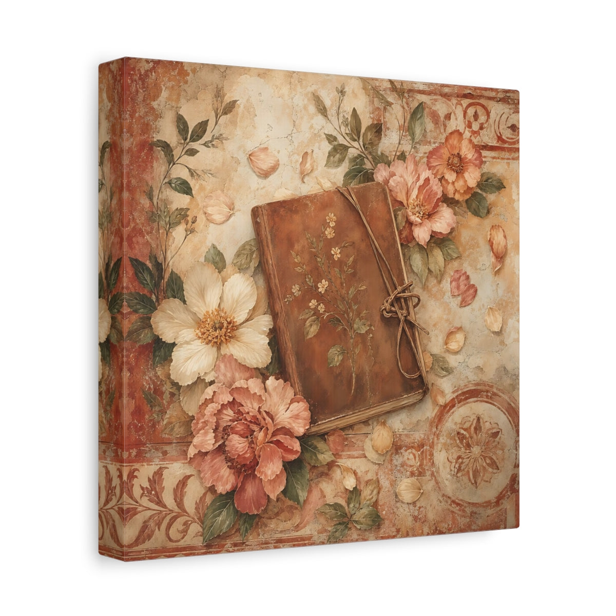 Side Mockup 9. Antique Fresco Painting Garden Notebook With Loose Petals shown as stretched canvas wall art