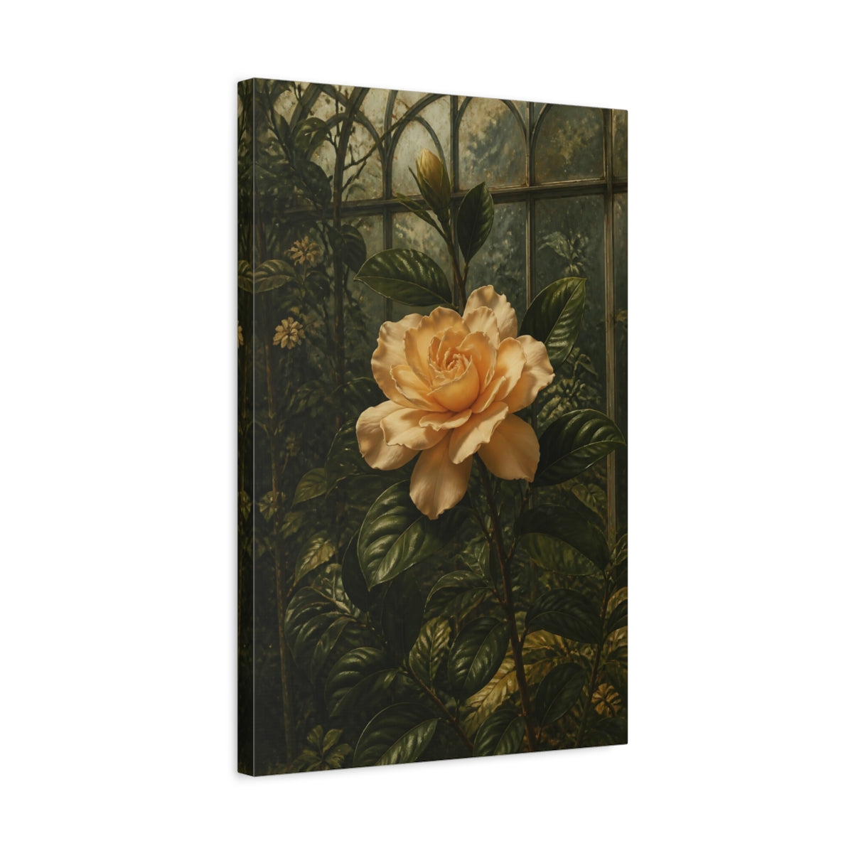 Side Mockup 3. Apricot Gardenia Flower shown as canvas print