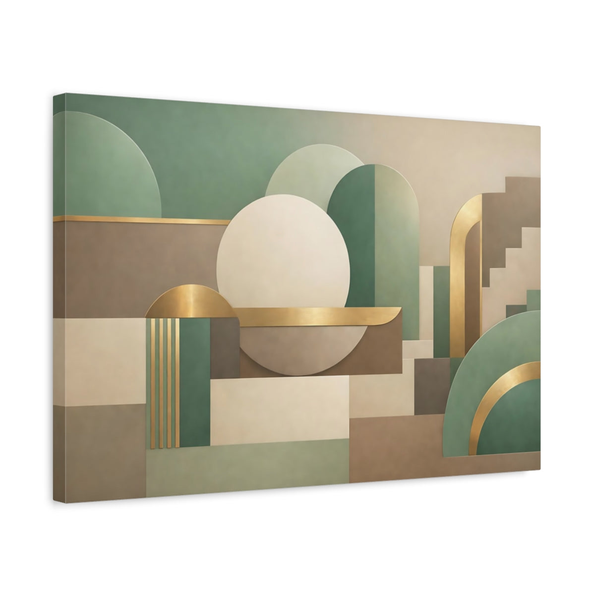 Side Mockup 3. Abstract Geometric Shapes Green Gold Abstract shown as stretched canvas wall art