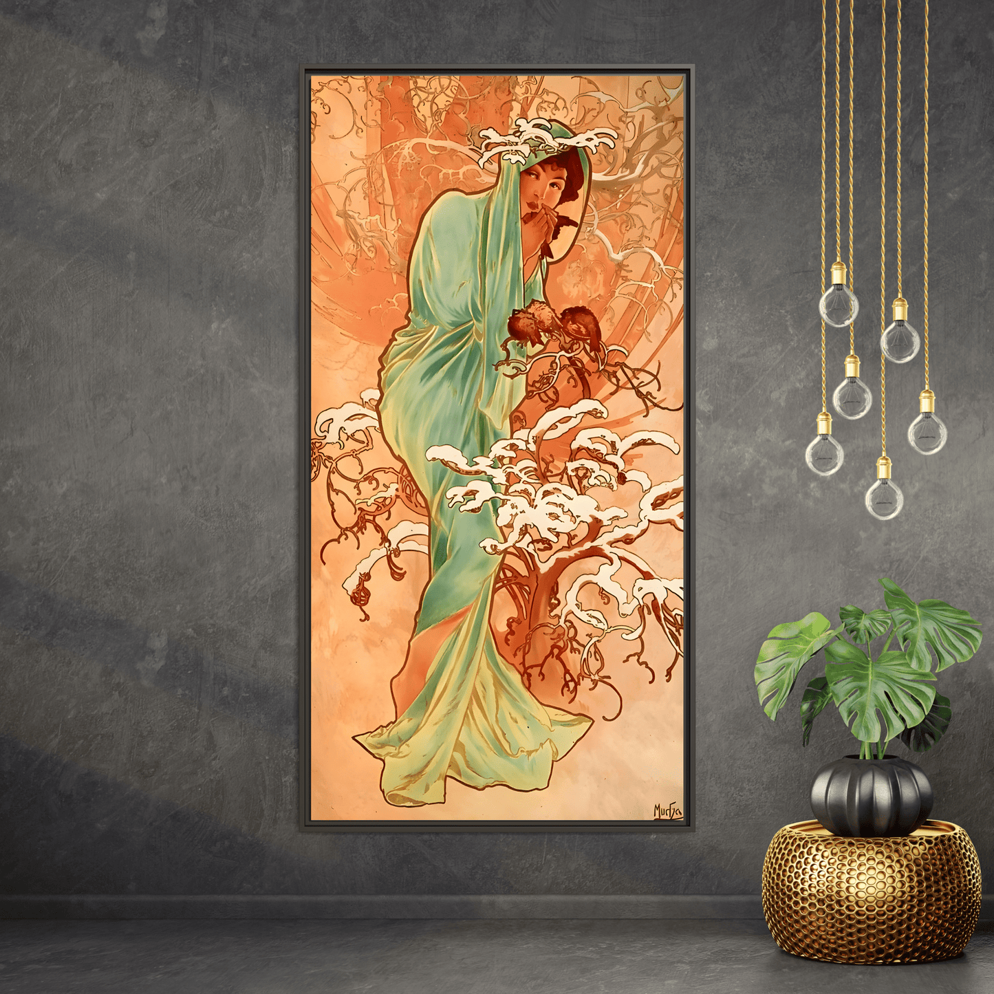 Art Nouveau Mucha Framed Canvas Print - Large Elegant Woman in Nature - YesArtYes