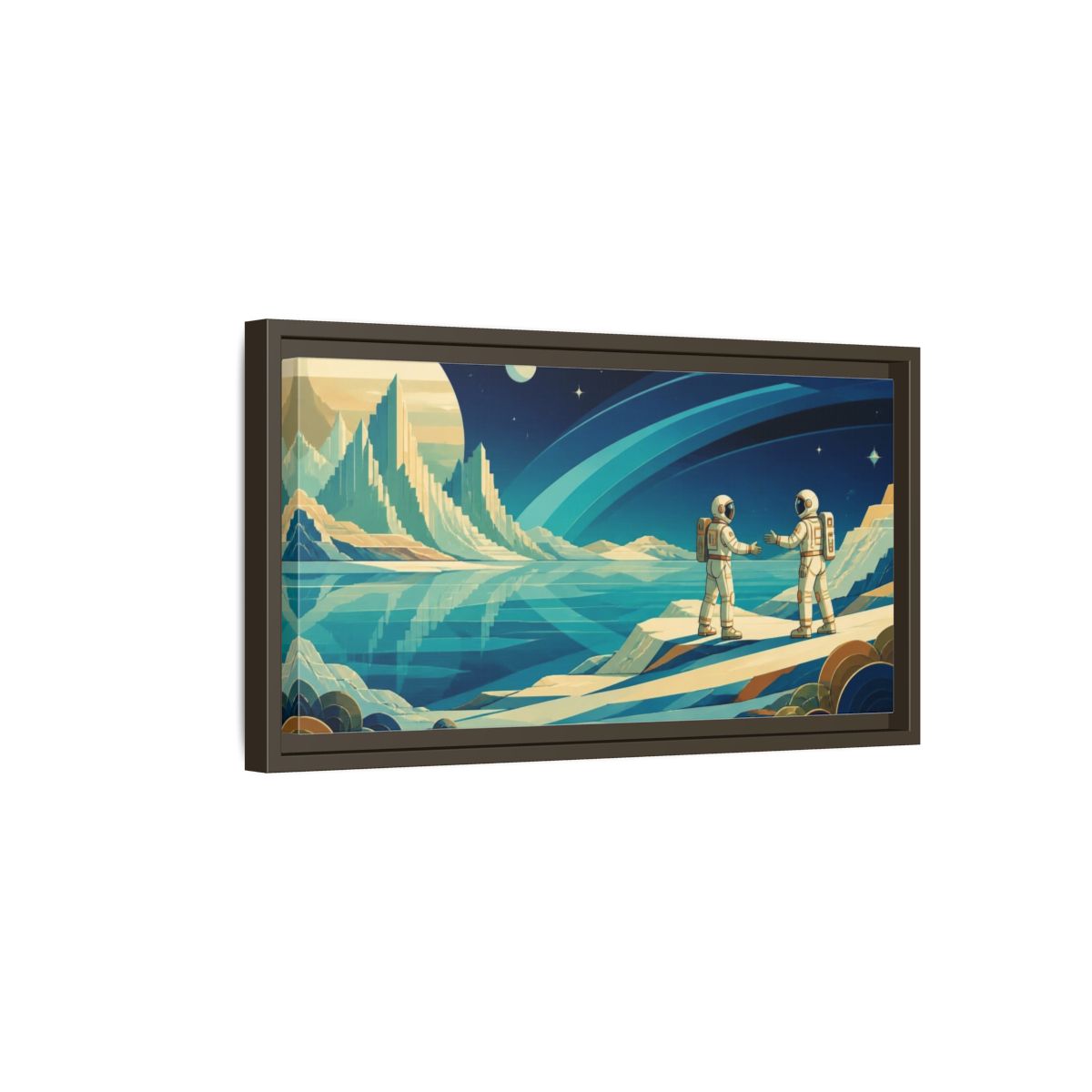 Side Mockup 7. Astronauts On Frozen Lake shown as framed canvas print