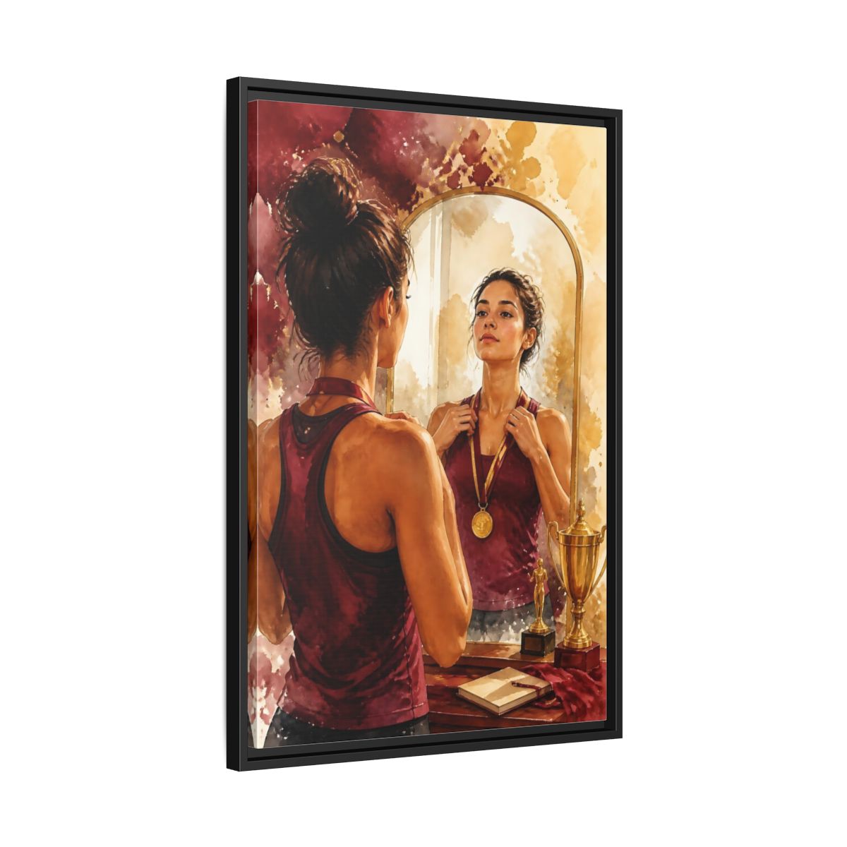 Side Mockup 14. Athlete In The Mirror shown as framed canvas print