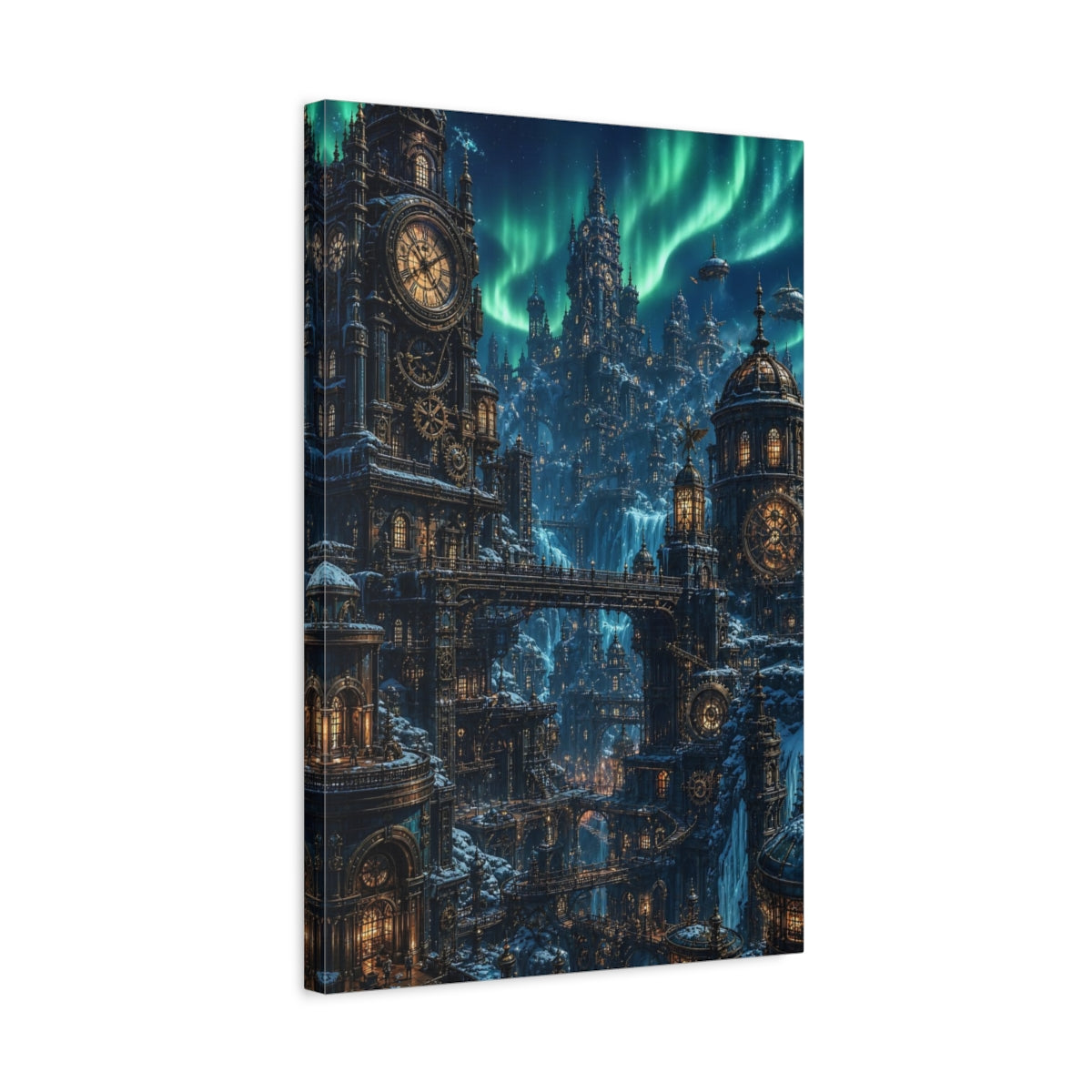 Side Mockup 3. Aurora Clockwork City shown as canvas print