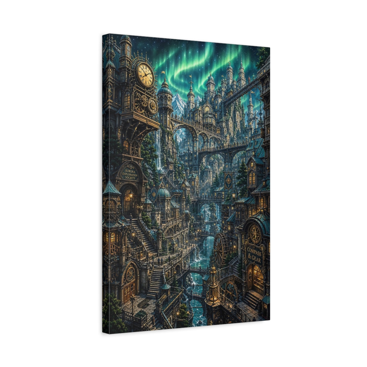 Side Mockup 3. Aurora Clockwork City shown as canvas print