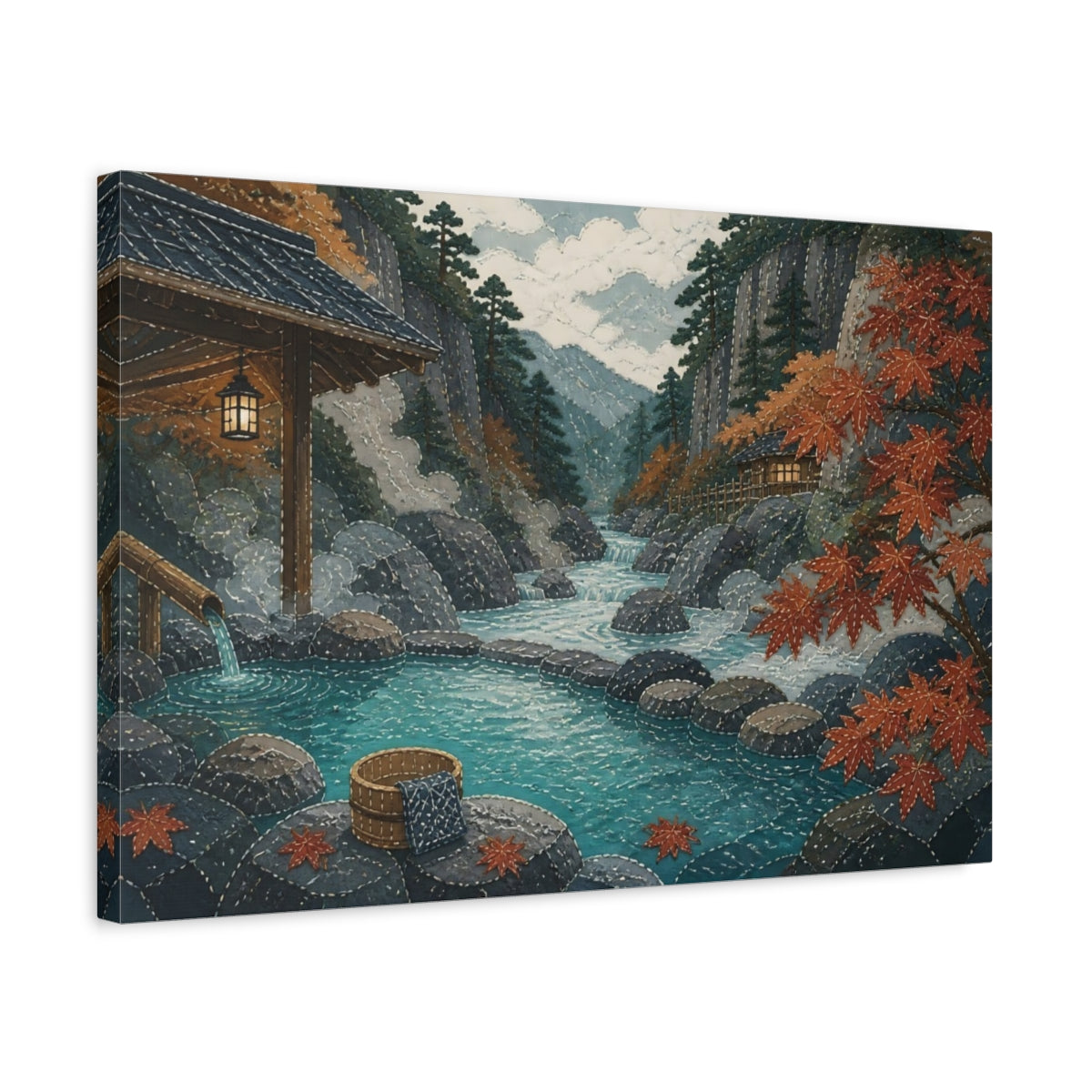 Side Mockup 3. Autumn Hot Spring Retreat shown as canvas print