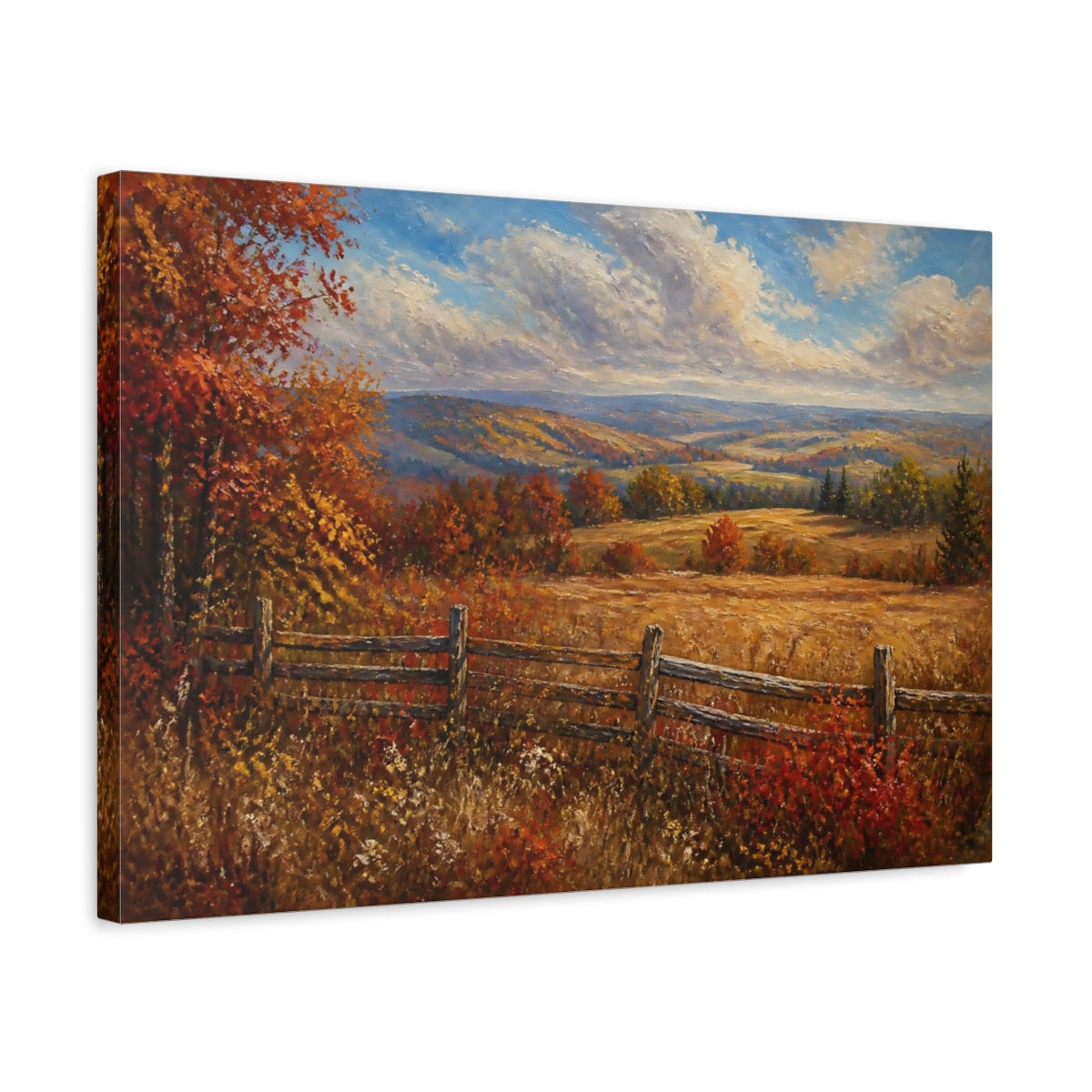 Side Mockup 3. Autumn Meadow With Fence shown as canvas print