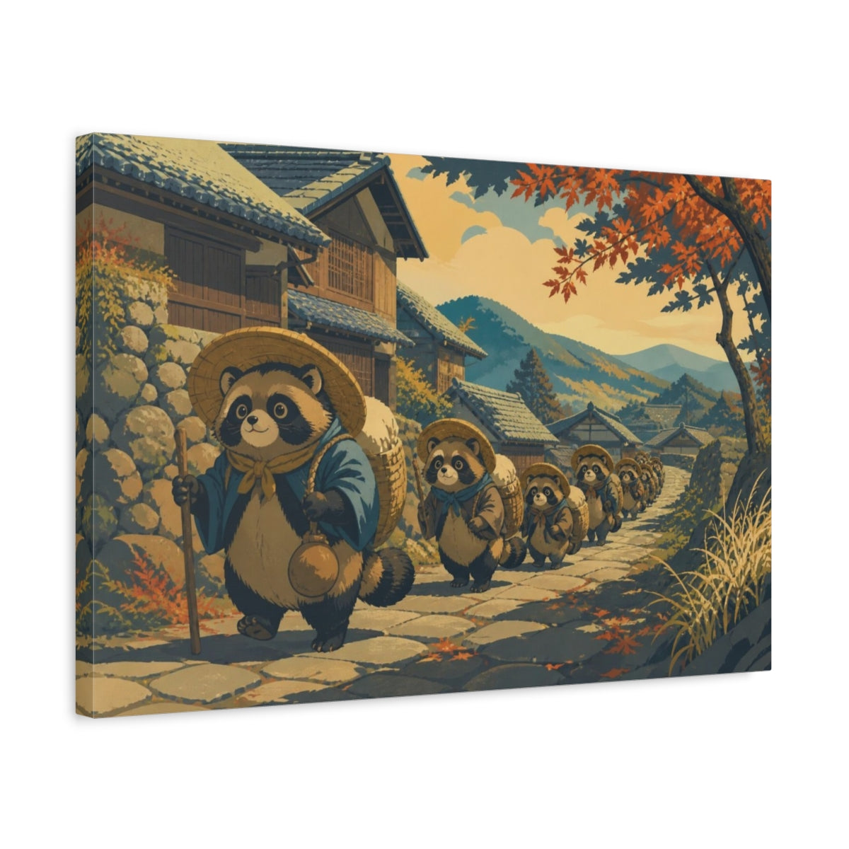 Side Mockup 3. Autumn Tanuki Procession shown as canvas print