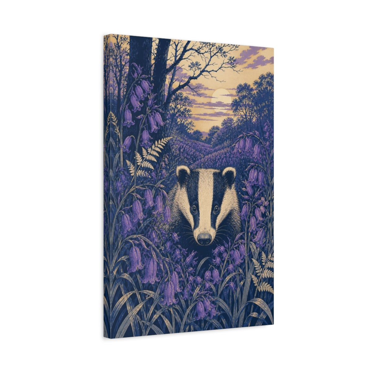 Side Mockup 3. Badger In Bluebells shown as canvas print