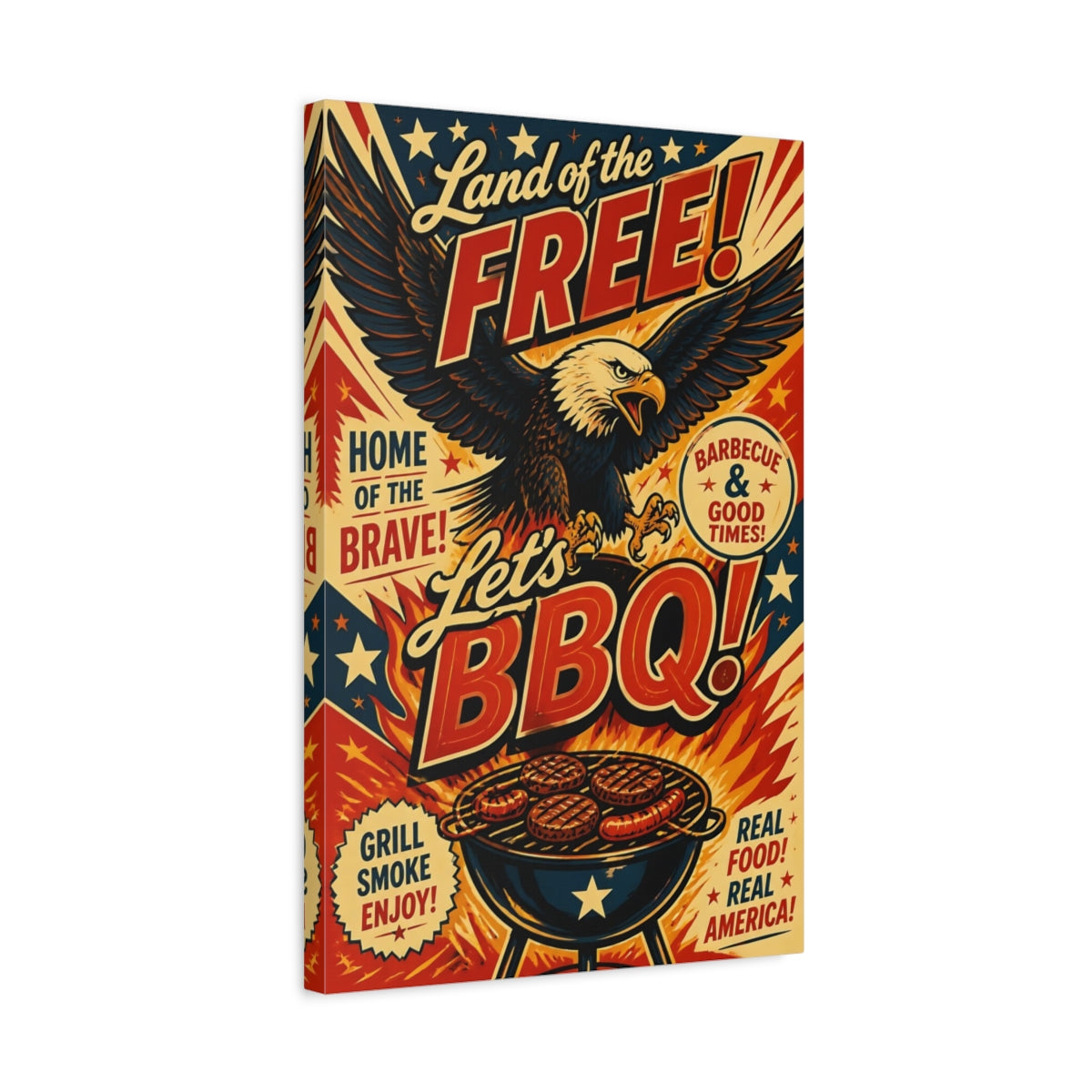 Side Mockup 3. Bald Eagle BBQ Poster shown as canvas print