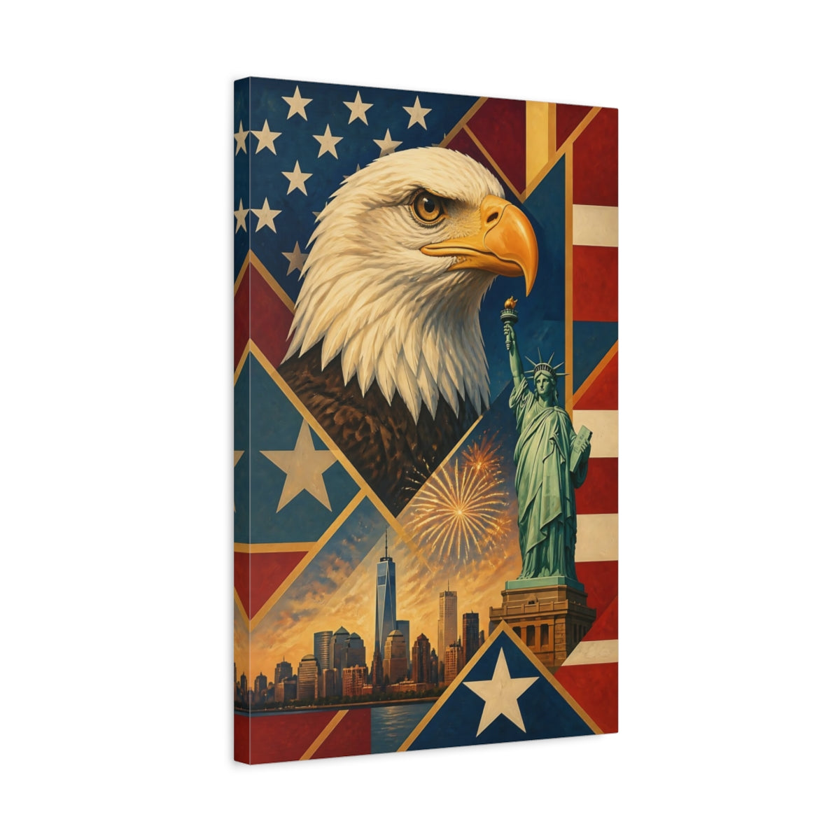 Side Mockup 3. Bald Eagle & Liberty Skyline shown as canvas print