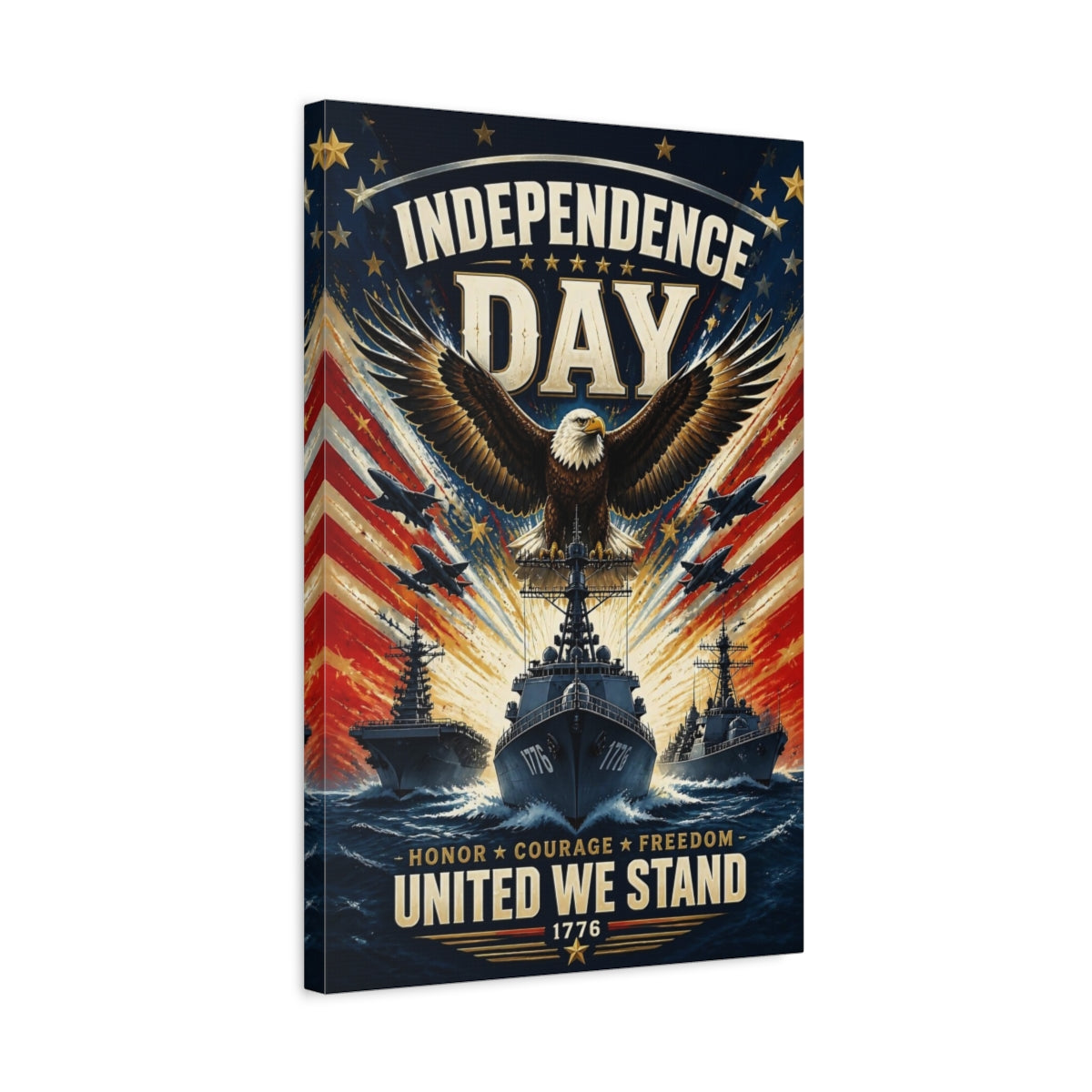 Side Mockup 3. Bald Eagle & Navy Ships shown as canvas print