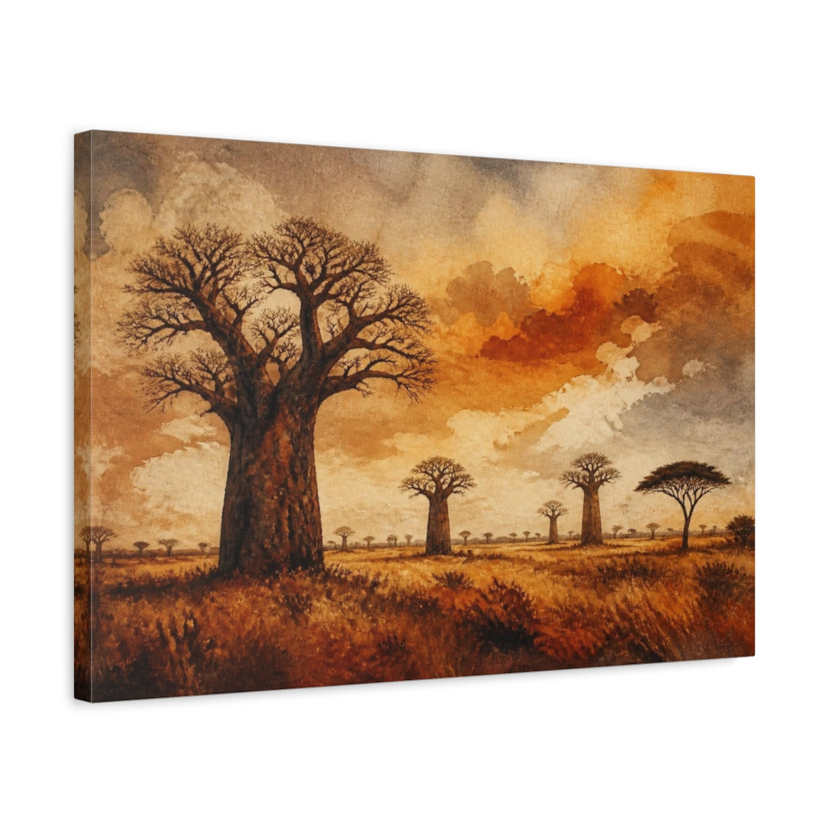 Side Mockup 3. Baobab Landscape At Dusk shown as canvas print