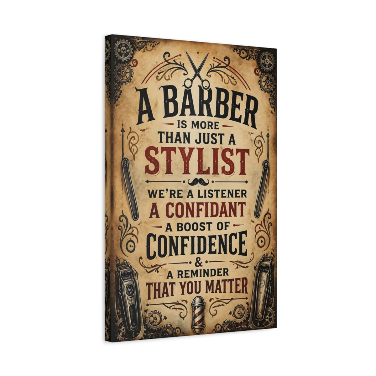 Side Mockup 3. Barber Quote Sign shown as canvas print