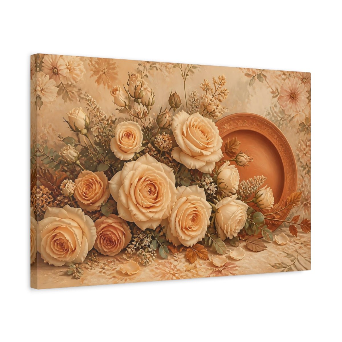 Beige Floral Rose Arrangement Canvas Print – Living Room, Above Fireplace, Warm - YesArtYes