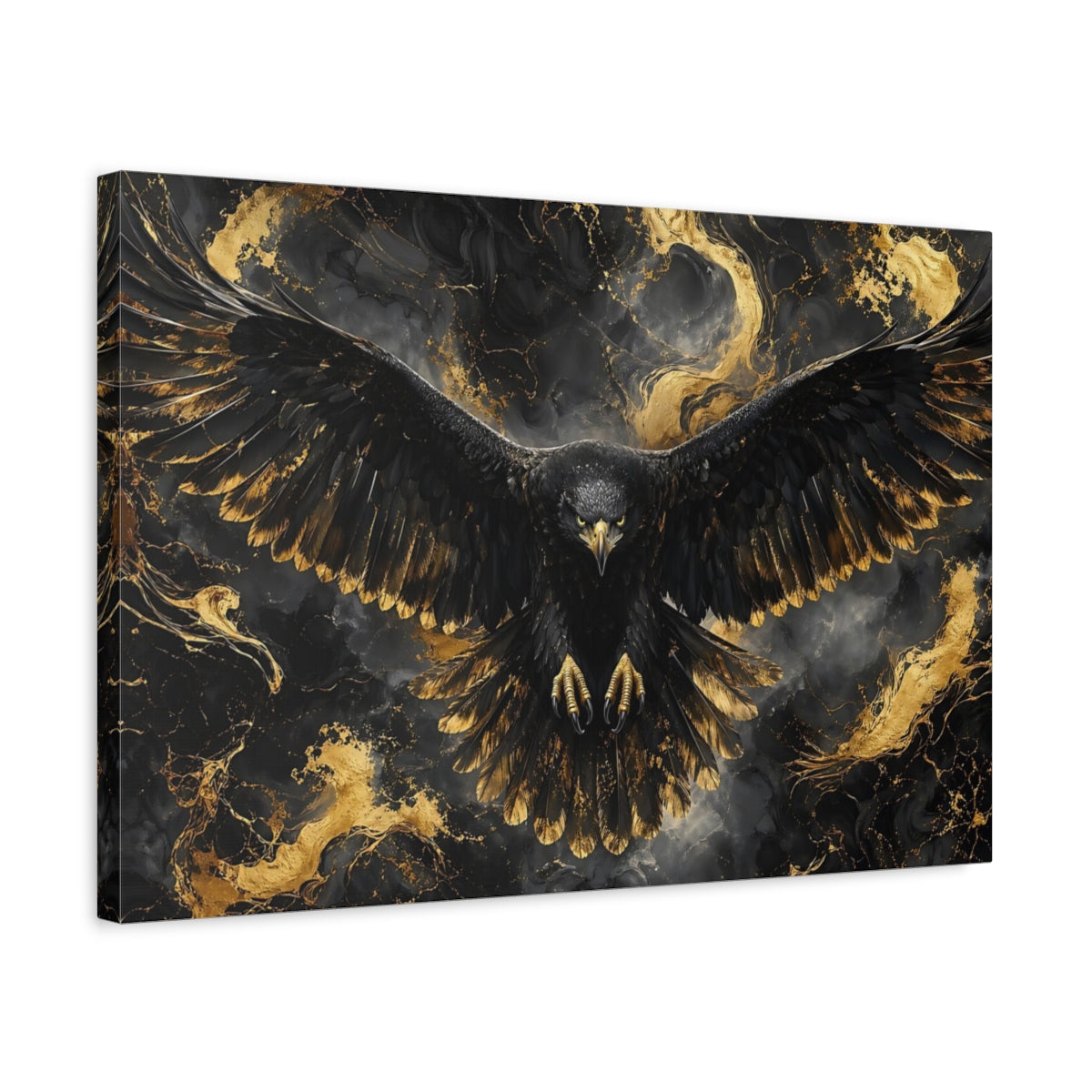 Side Mockup 3. Birds Eagle Black And Gold shown as stretched canvas wall art