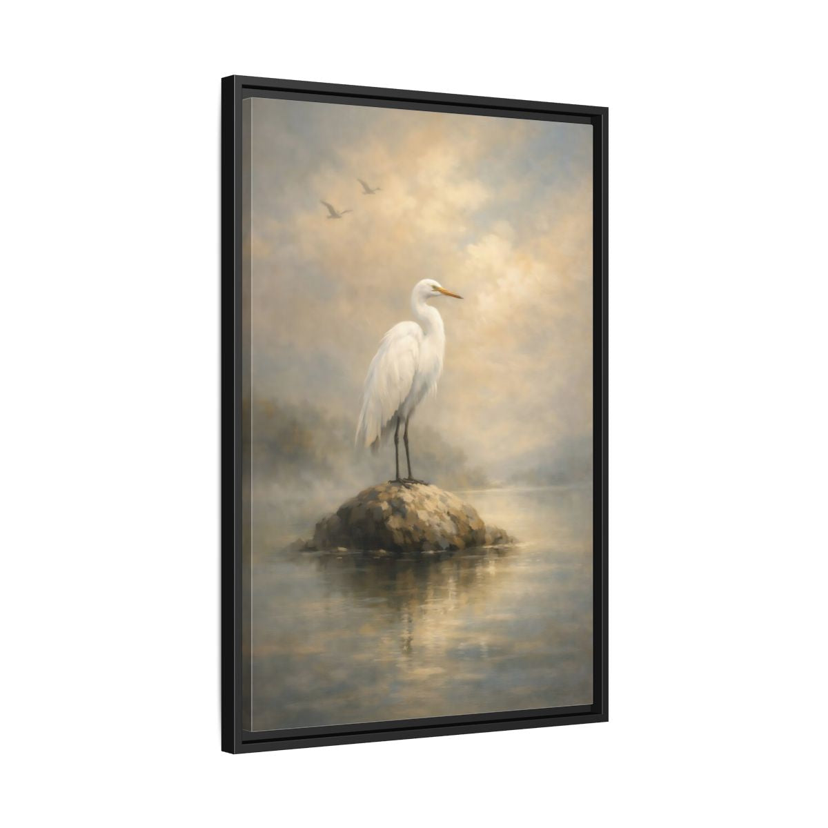 Side Mockup 14. Birds Egret White Egret shown as stretched canvas wall art