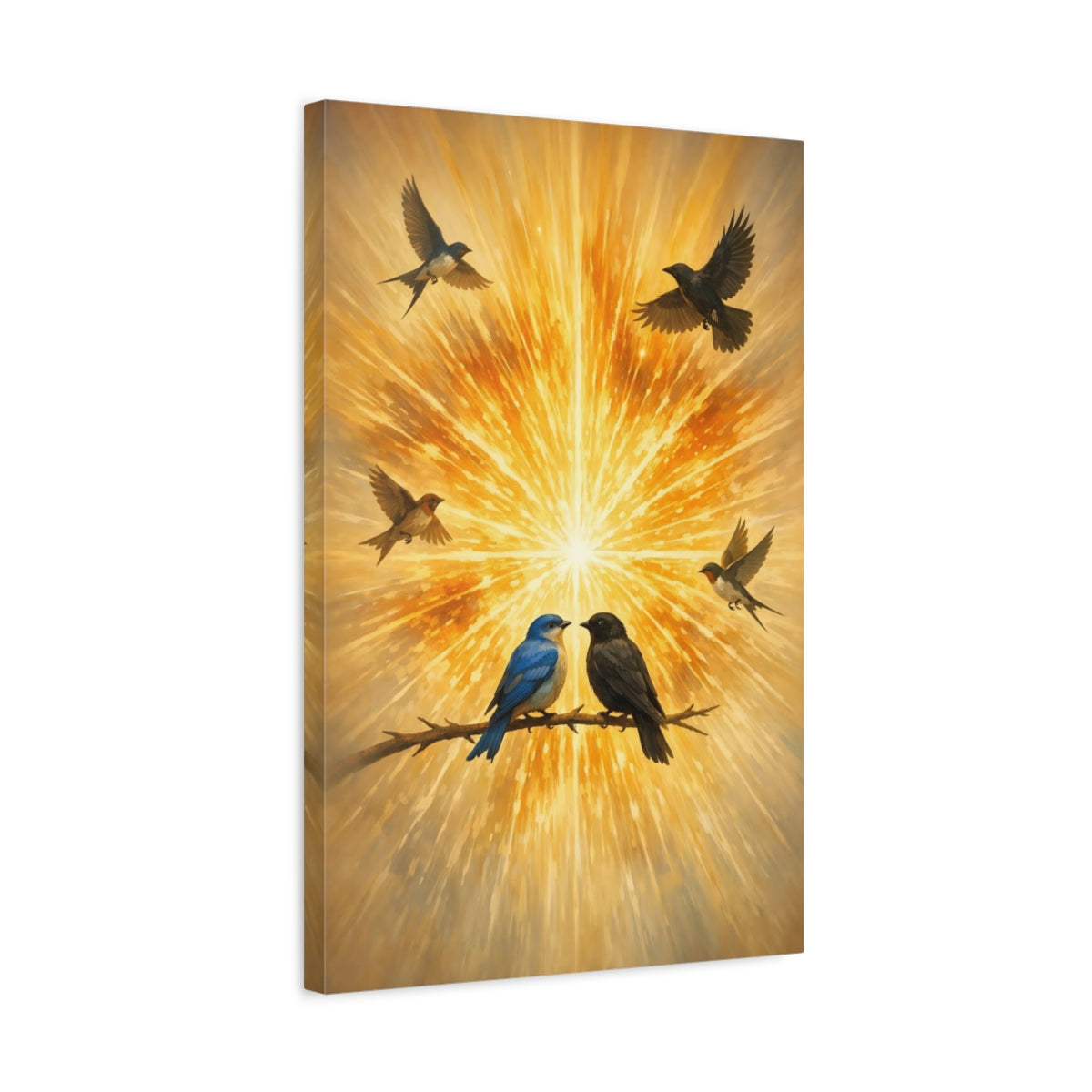 Side Mockup 3. Birds Birds Golden Birds shown as stretched canvas wall art
